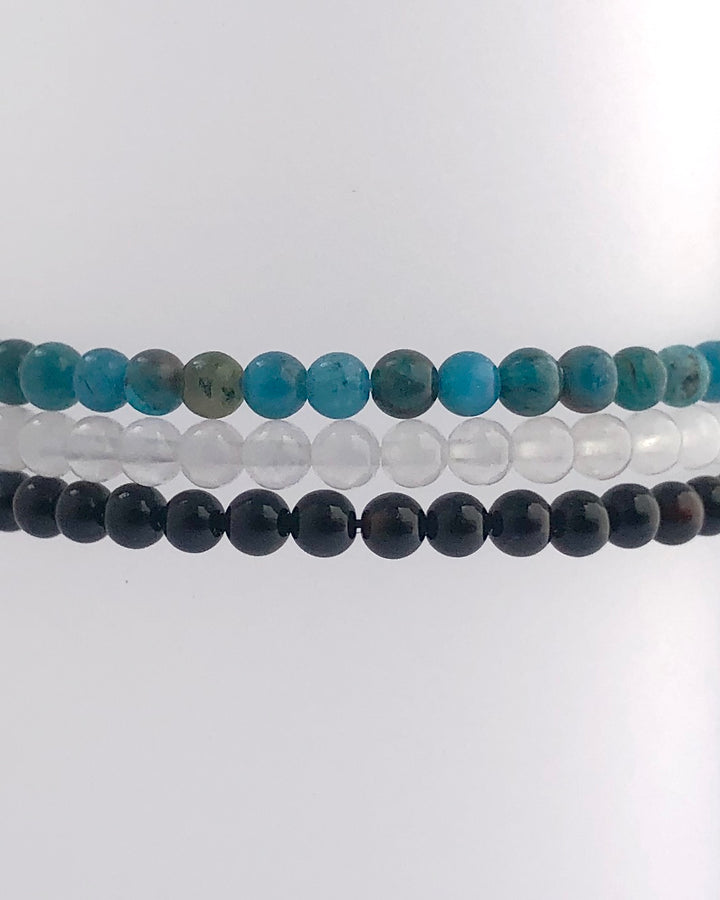 Apatite, Snow Quartz and Black Agate Bracelets