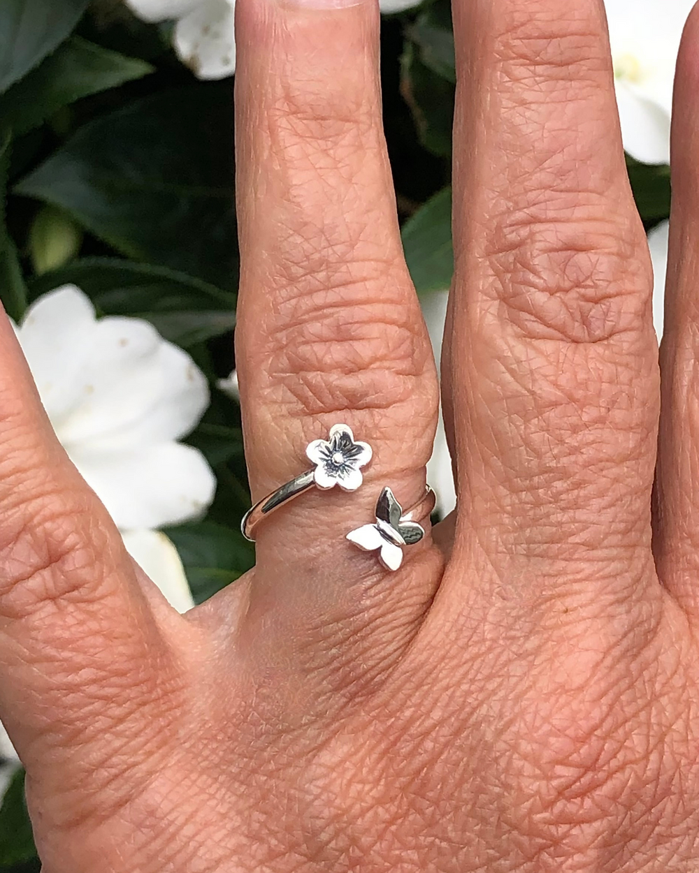 Sterling Silver Adjustable Butterfly and Flower Ring 