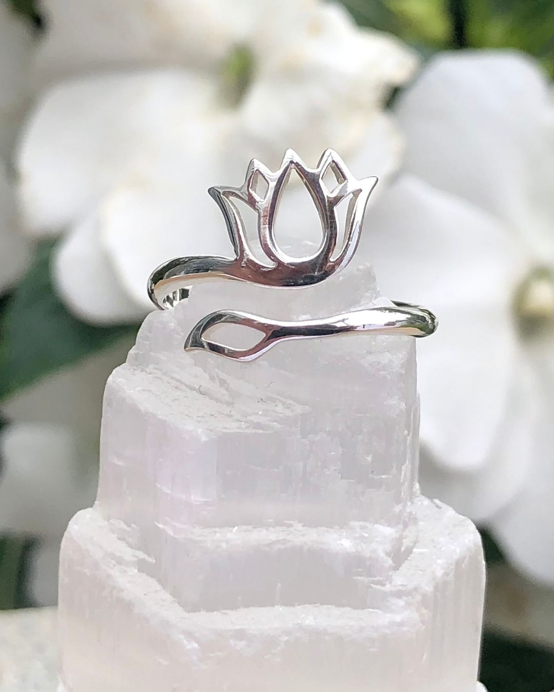 Sterling Silver Adjustable Lotus Ring on selenite stone 