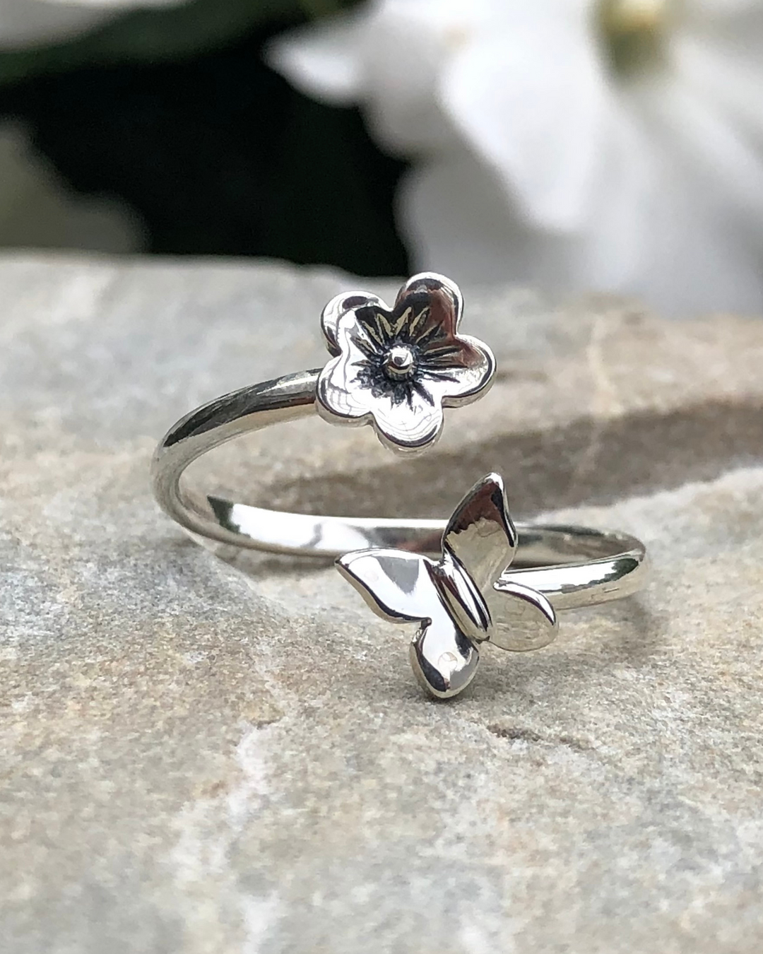 Sterling Silver Butterfly and Flower Ring 