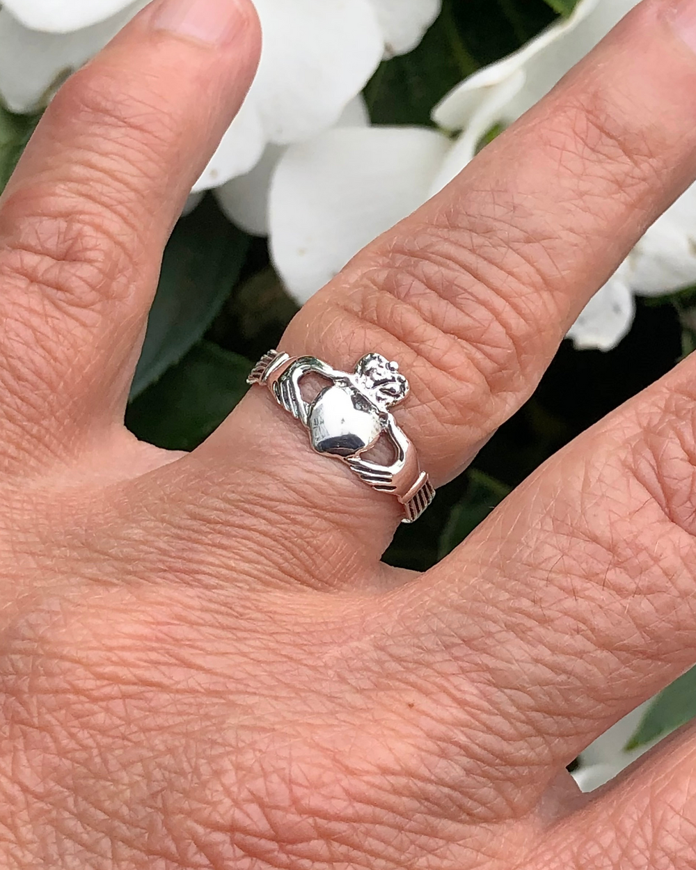 Sterling Silver Claddagh Ring on finger