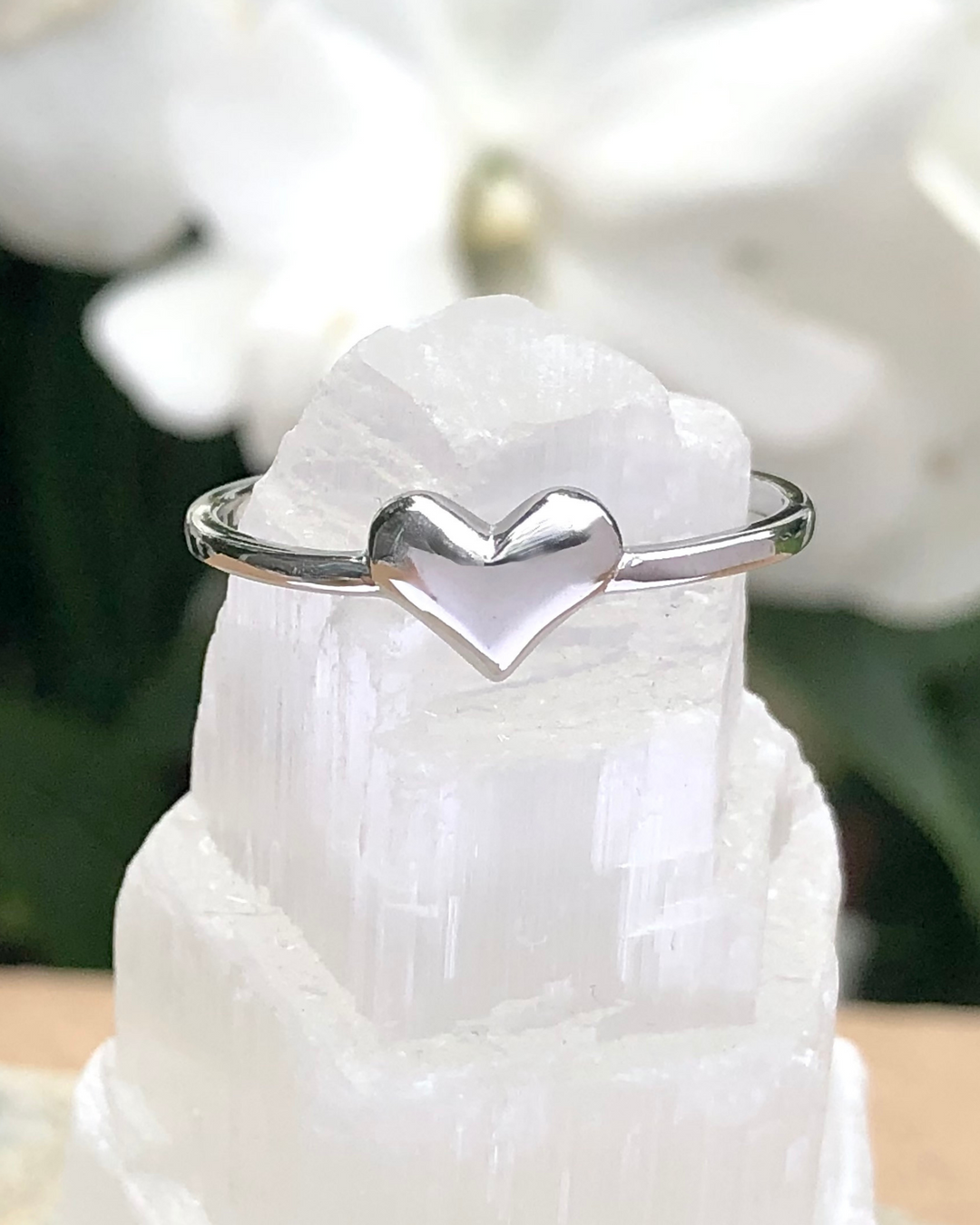 Sterling Silver Heart Ring on selenite stone