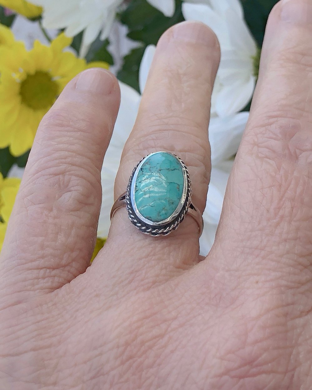 Sterling Silver Large Oval Turquoise Ring on finger