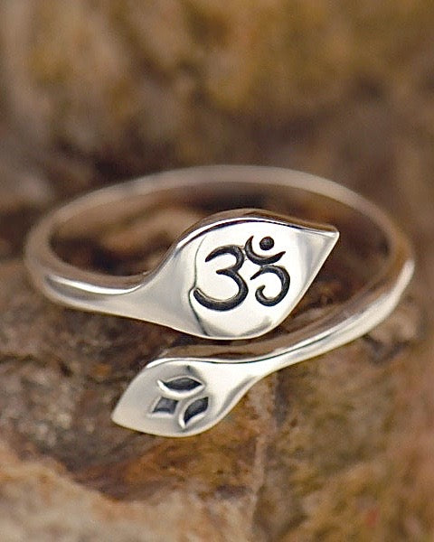 Sterling Silver Lotus and Om Ring close up