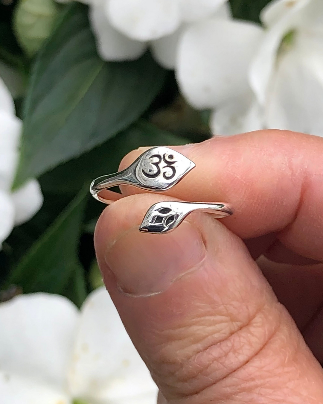 Sterling Silver Lotus and Om Ring close up