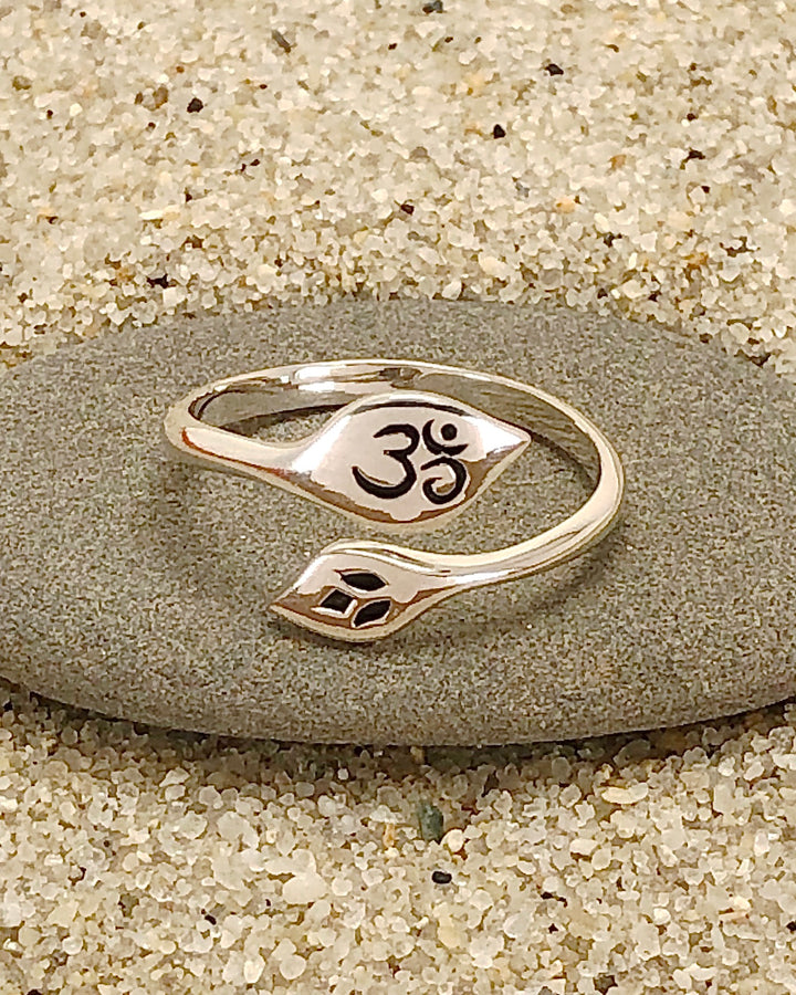 Sterling Silver Lotus and Om Ring on stone