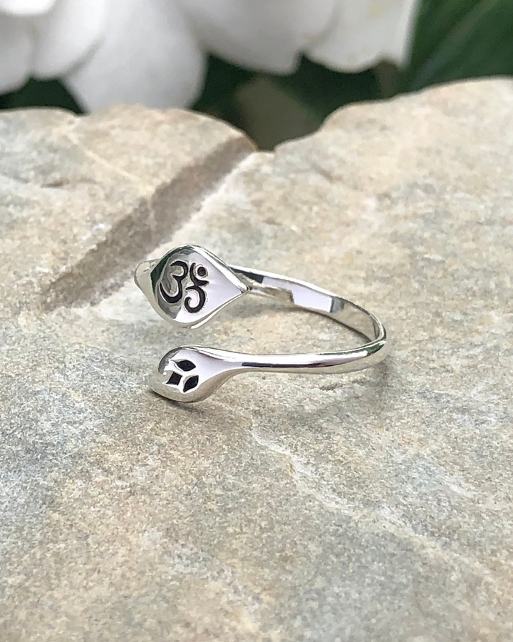 Sterling Silver Lotus and Om Ring on stone