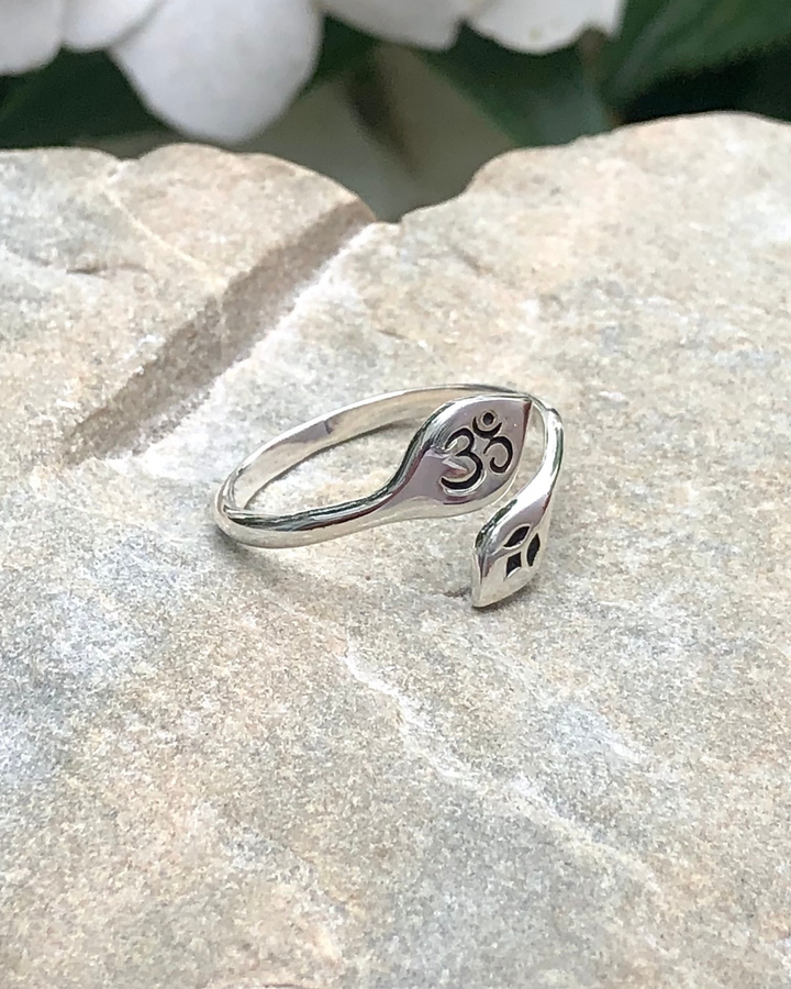 Sterling Silver Lotus and Om Ring on stone side view