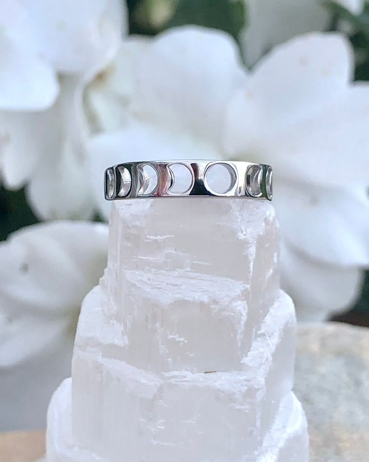 Sterling Silver Moon Phases Cut Out Ring on selenite