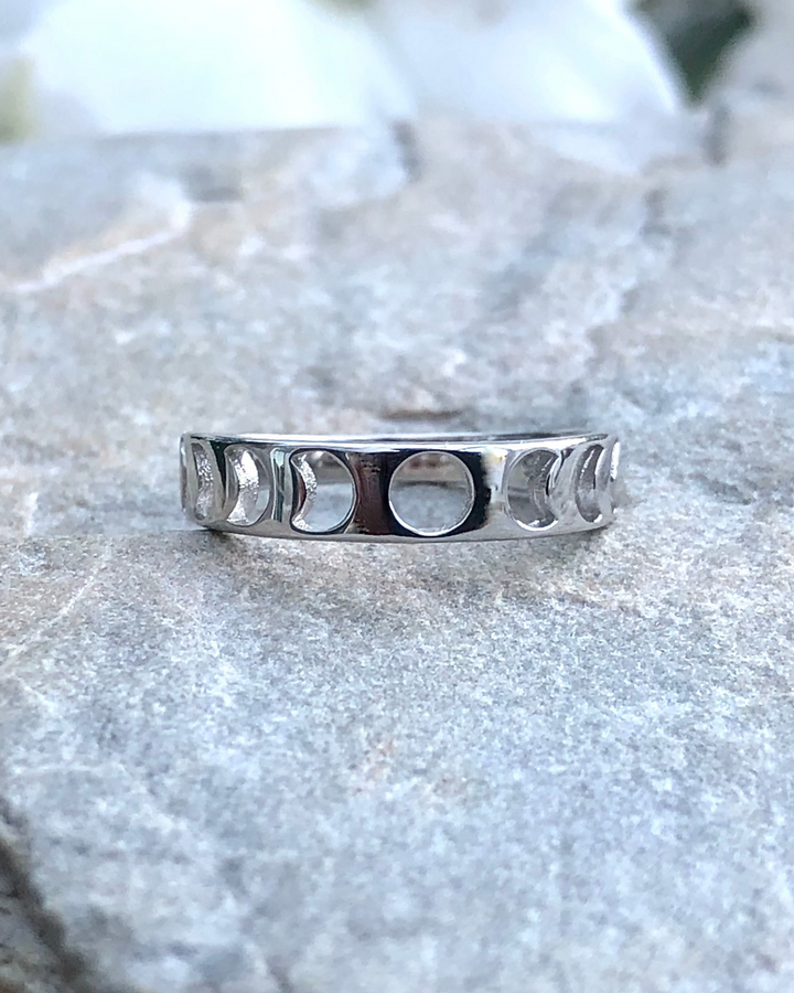 Sterling Silver Moon Phases Cut Out Ring on stone