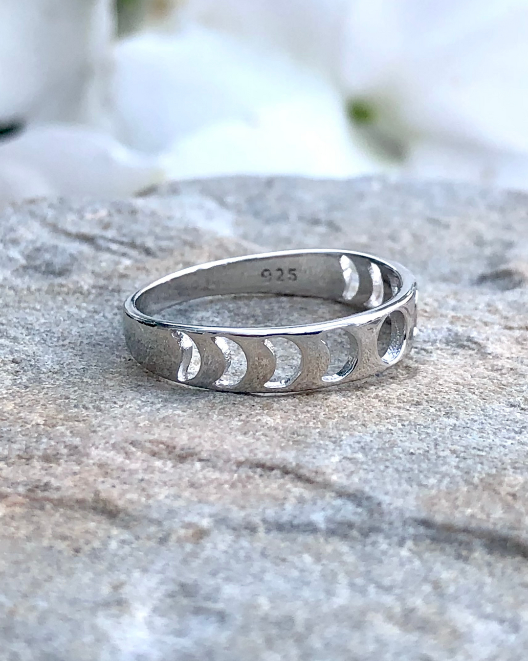 Sterling Silver Moon Phases Cut Out Ring right side with 925 stamp