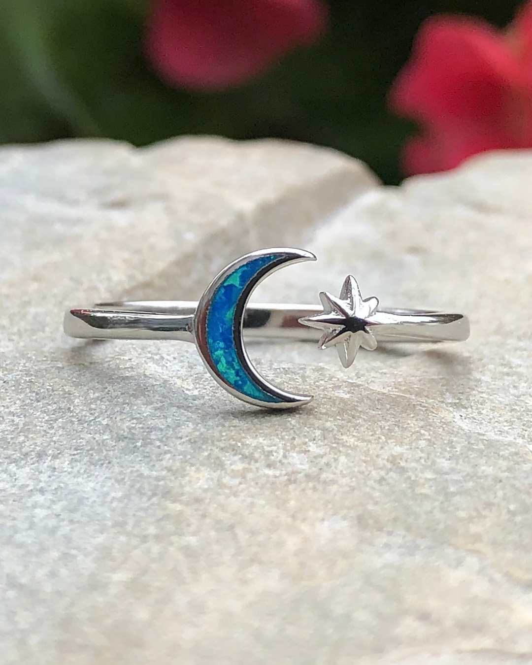 Sterling Silver Moon and Star Ring with Blue Lab Opal 