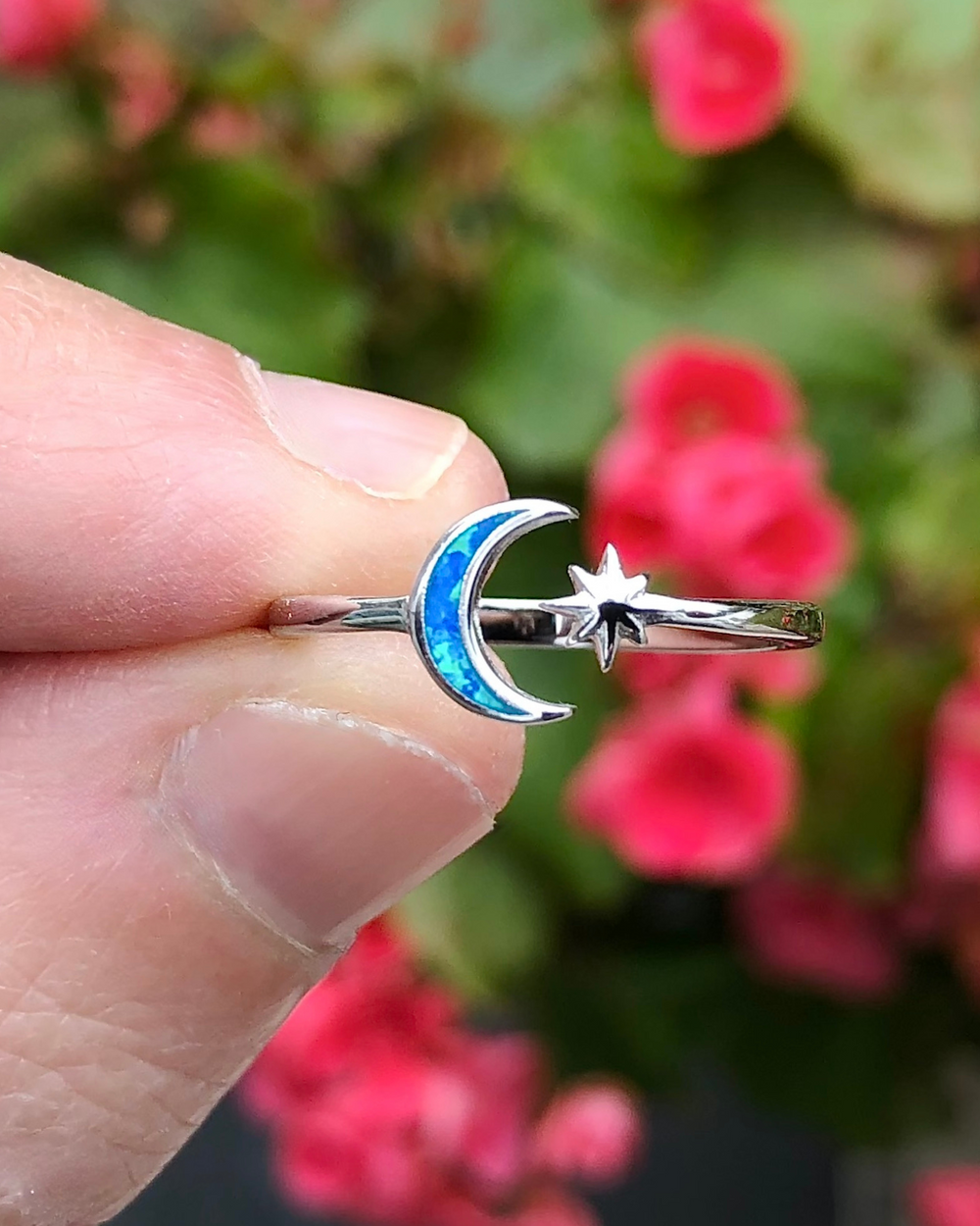 Sterling Silver Moon and Star Ring with Blue Lab Opal  close up