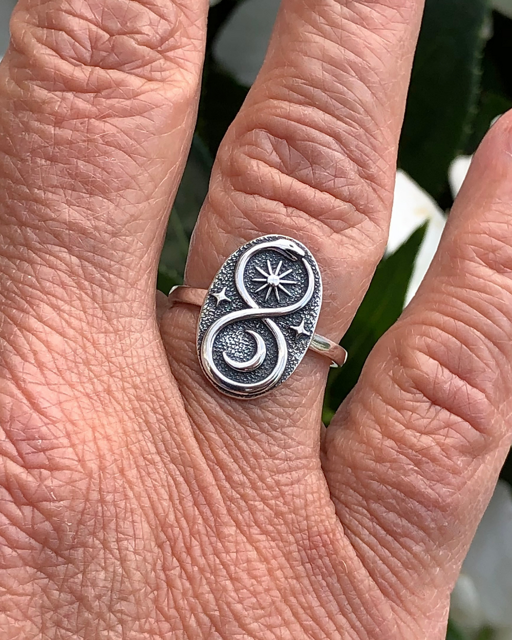Sterling Silver Ouroboros Ring on finger