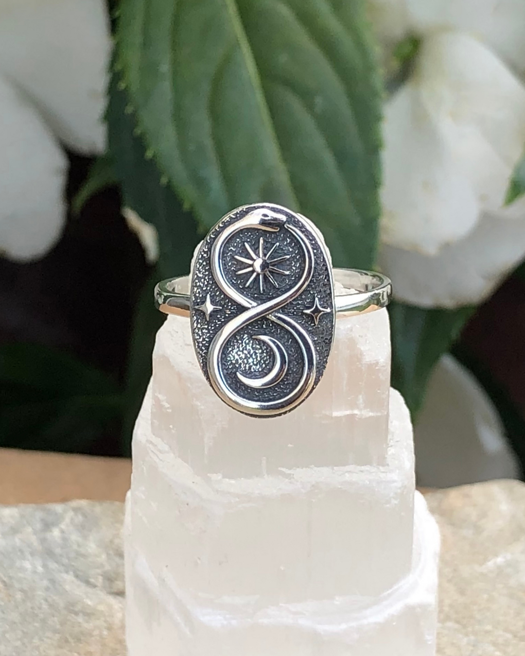 Sterling Silver Ouroboros Ring on selenite stone