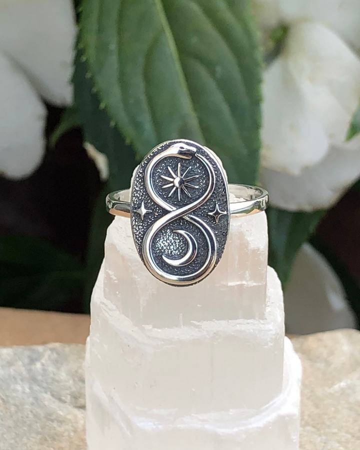 Sterling Silver Ouroboros Ring on selenite stone