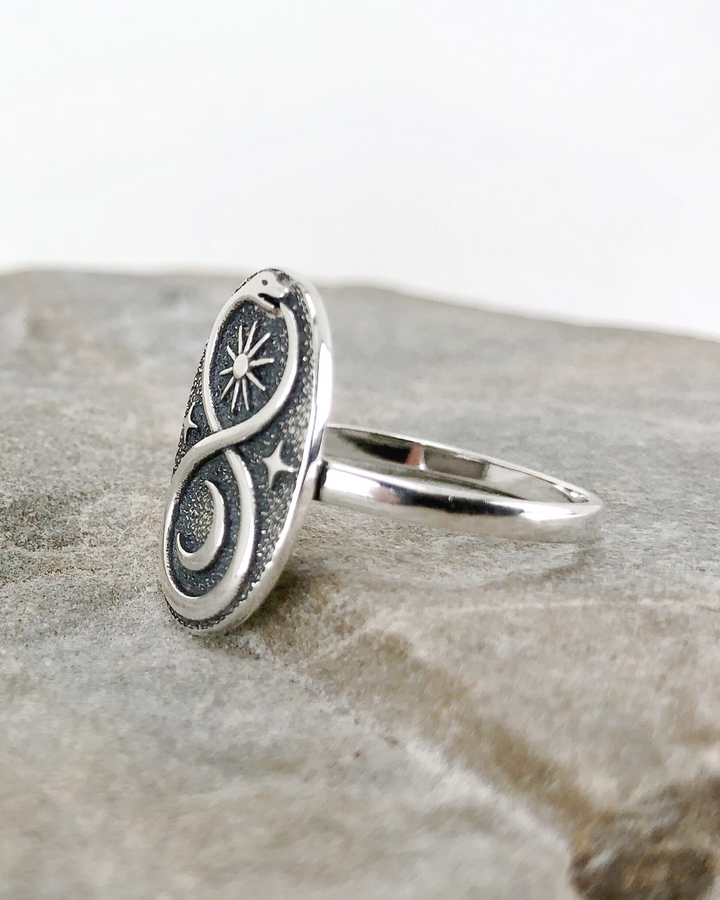 Sterling Silver Ouroboros Ring on stone side view