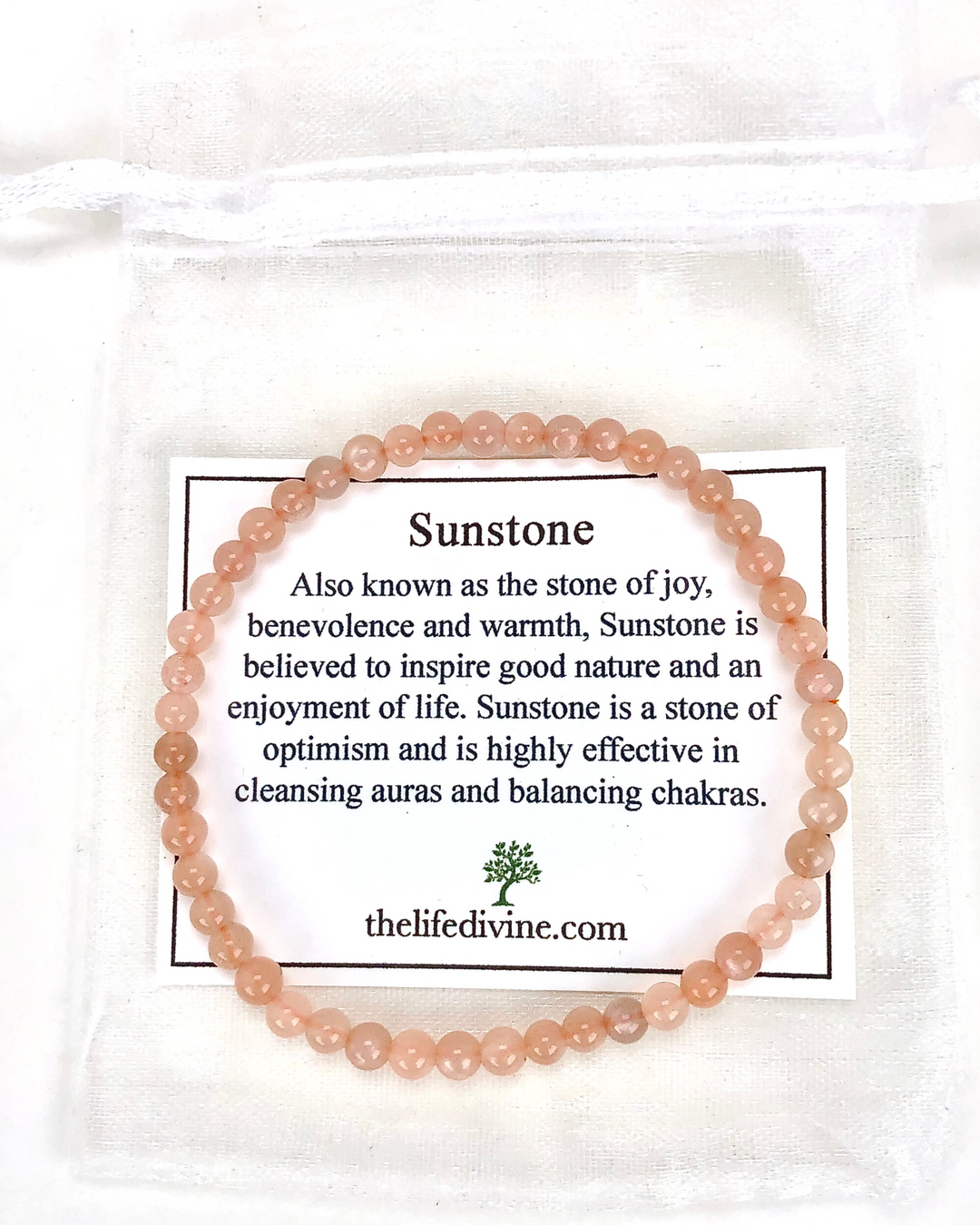 Sunstone 4mm Beaded Gemstone Bracelet with a description card