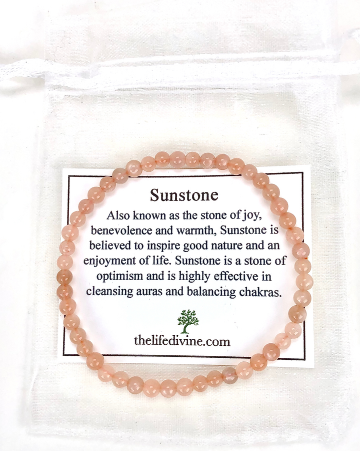 Sunstone 4mm Beaded Gemstone Bracelet with a description card