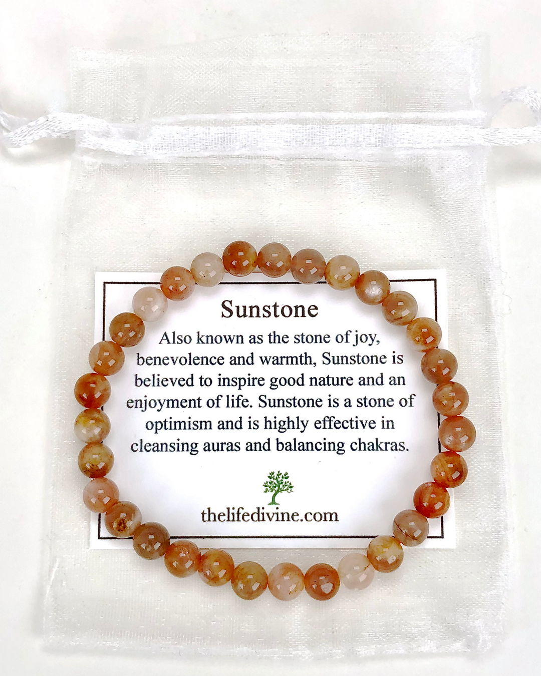 Sunstone 6mm Beaded Gemstone Bracelet with description card.