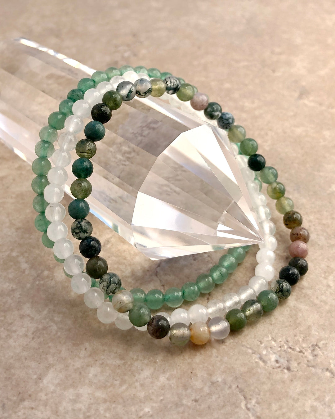 Support and Grounding 4mm Beaded Gemstone Bracelet Set with Aventurine, Snow Quartz and Indian Agate.